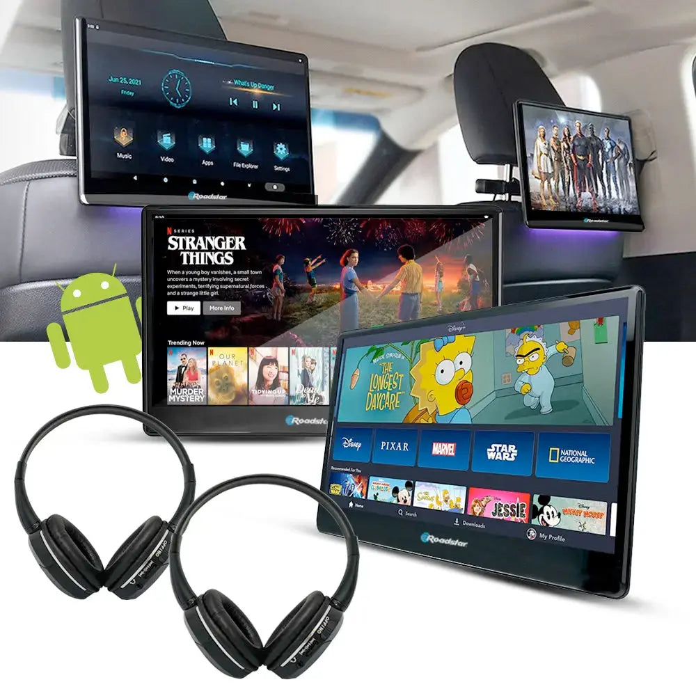 10.8" Roadstar Android Entertainment Headrest Tablet Screens With Bluetooth Headphones