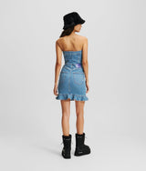 RUFFLE-HEM DENIM BANDEAU DRESS