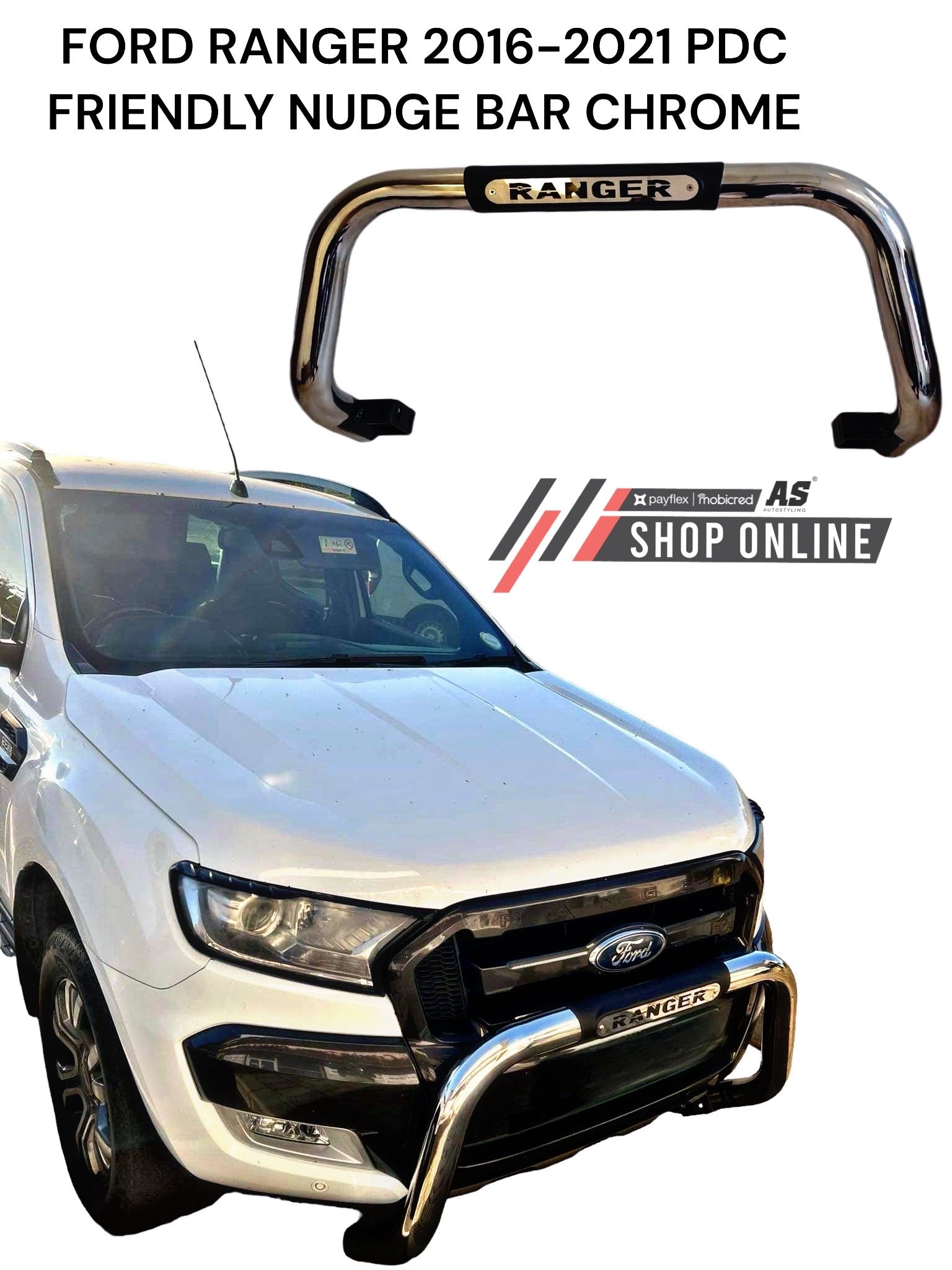 FORD RANGER 2016-2021 PDC FRIENDLY NUDGE BAR CHROME