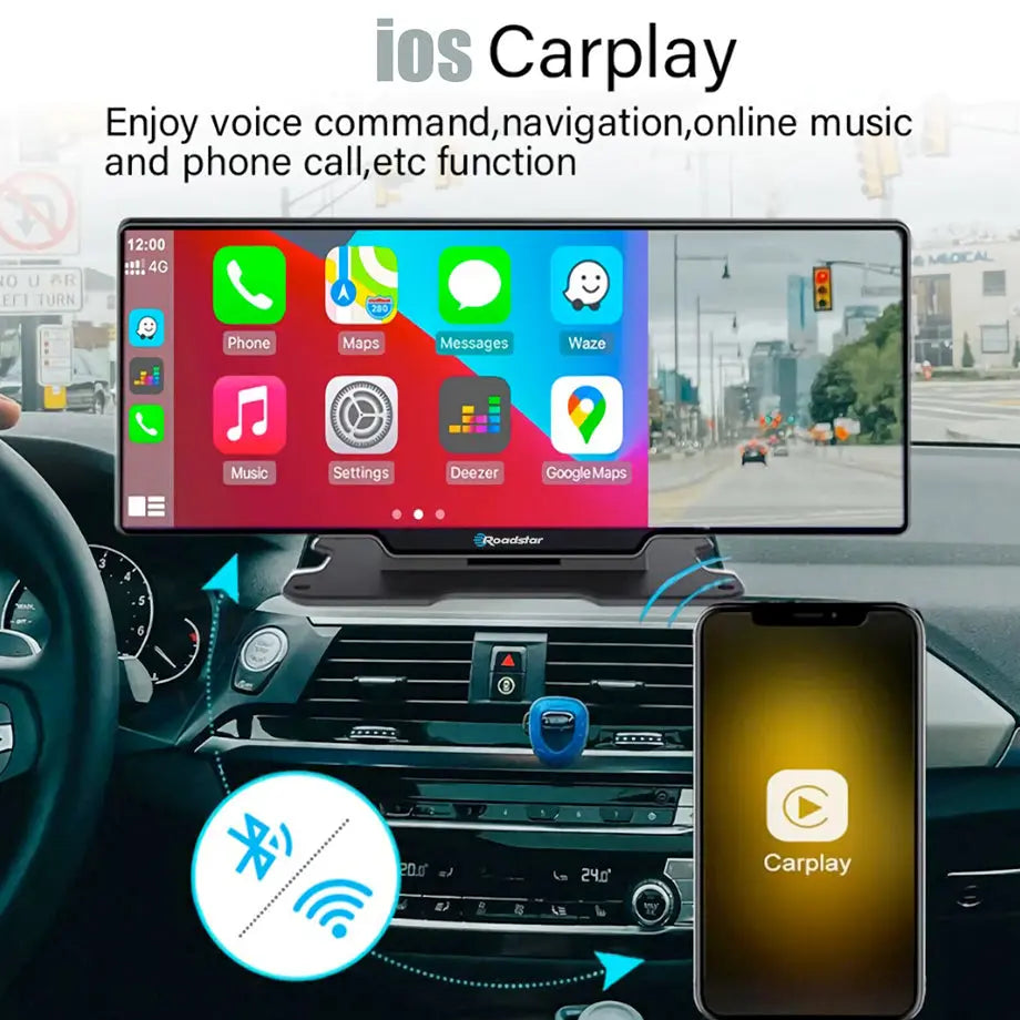 Roadstar - 10.26 Inch 2-Way DVR Camera Screen With Apple Carplay & Android Auto