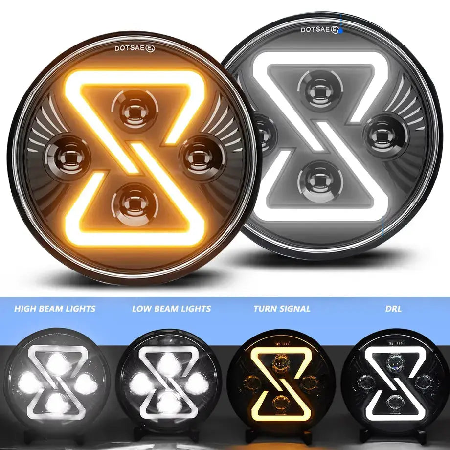 Universal 7 Inch Jeep Style Dynamic Start Up DRL LED Projector Headlight Plus Mounting Bracket (4-Piece)