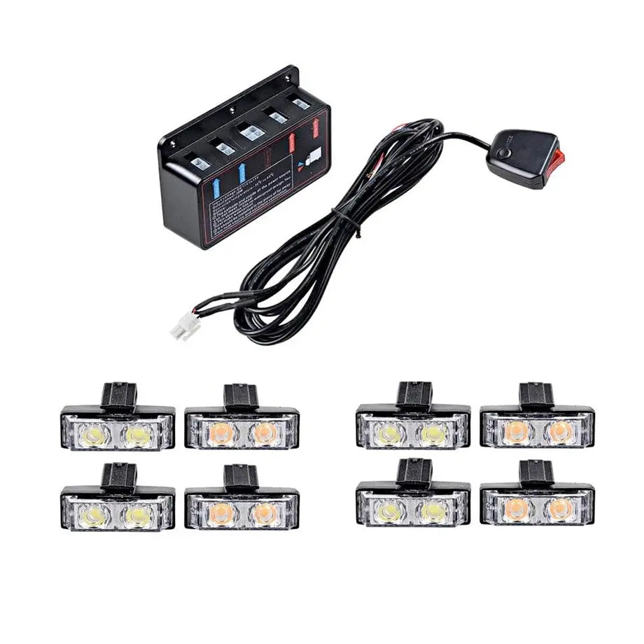Universal 8-Piece Grille Mount  Emergency Strobe Light Kit - White & Yellow