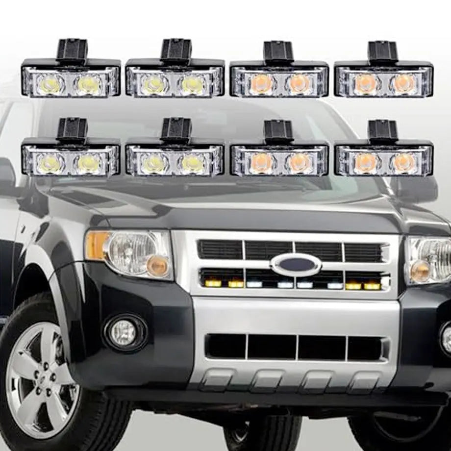Universal 8-Piece Grille Mount  Emergency Strobe Light Kit - White & Yellow